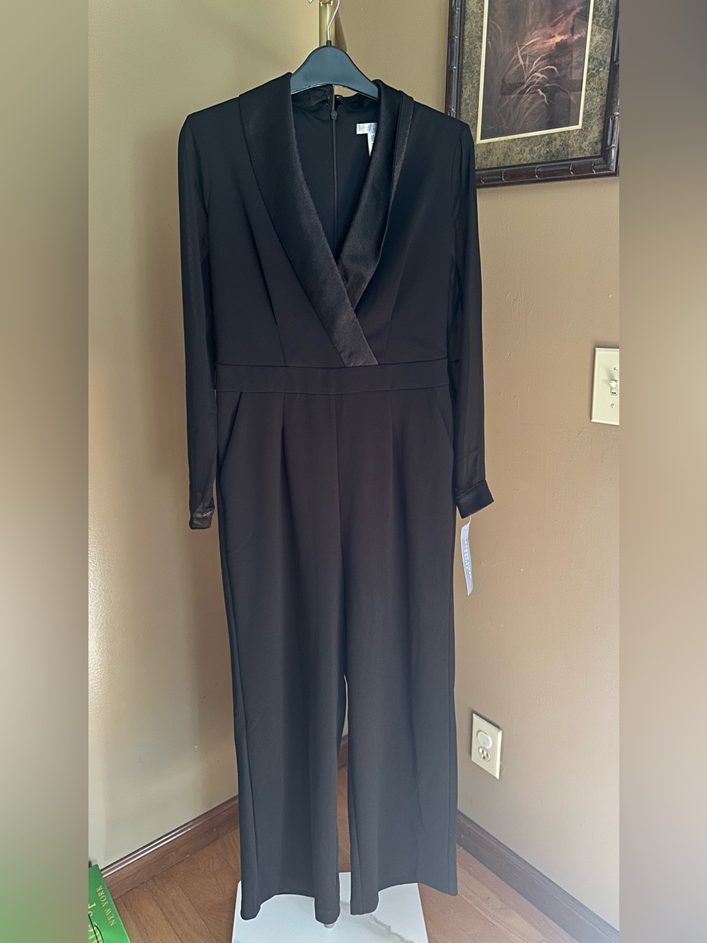 London Times Black Satin-Trim V-Neck Jumpsuit With Sheer Sleeves